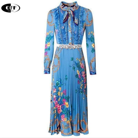 Dalia Macphee Women Lace Mosaic High Waist Long Sleeve Pleated Print Dre… - Picture 1 of 16